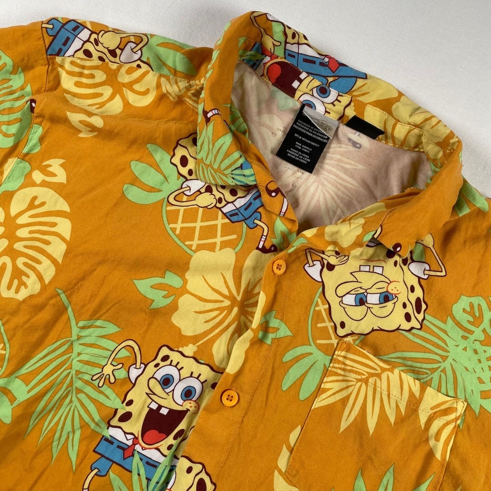 Nickelodeon SpongeBob SquarePants Mens XXL Orange‎ Tropical Aloha Hawaiian Shirt